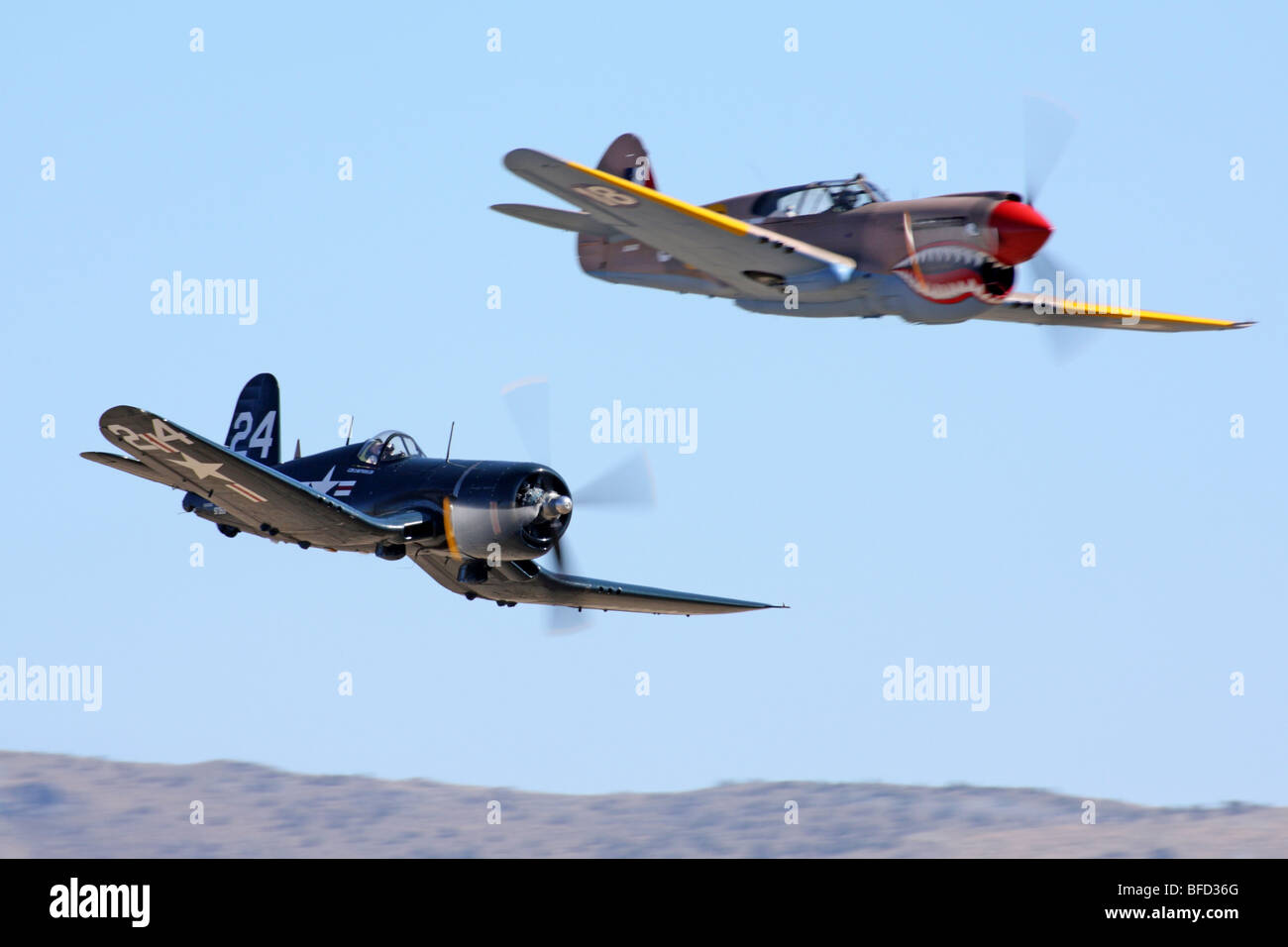 P-40 Warhawk and F4U Corsair battle in air racing action. Stock Photo