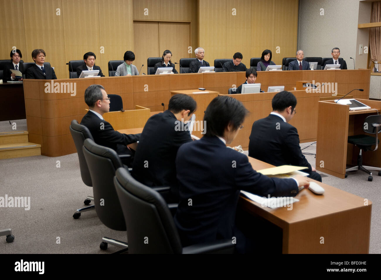 a 'mock' jury/court case being acted out in a Japanese law court. Stock Photo