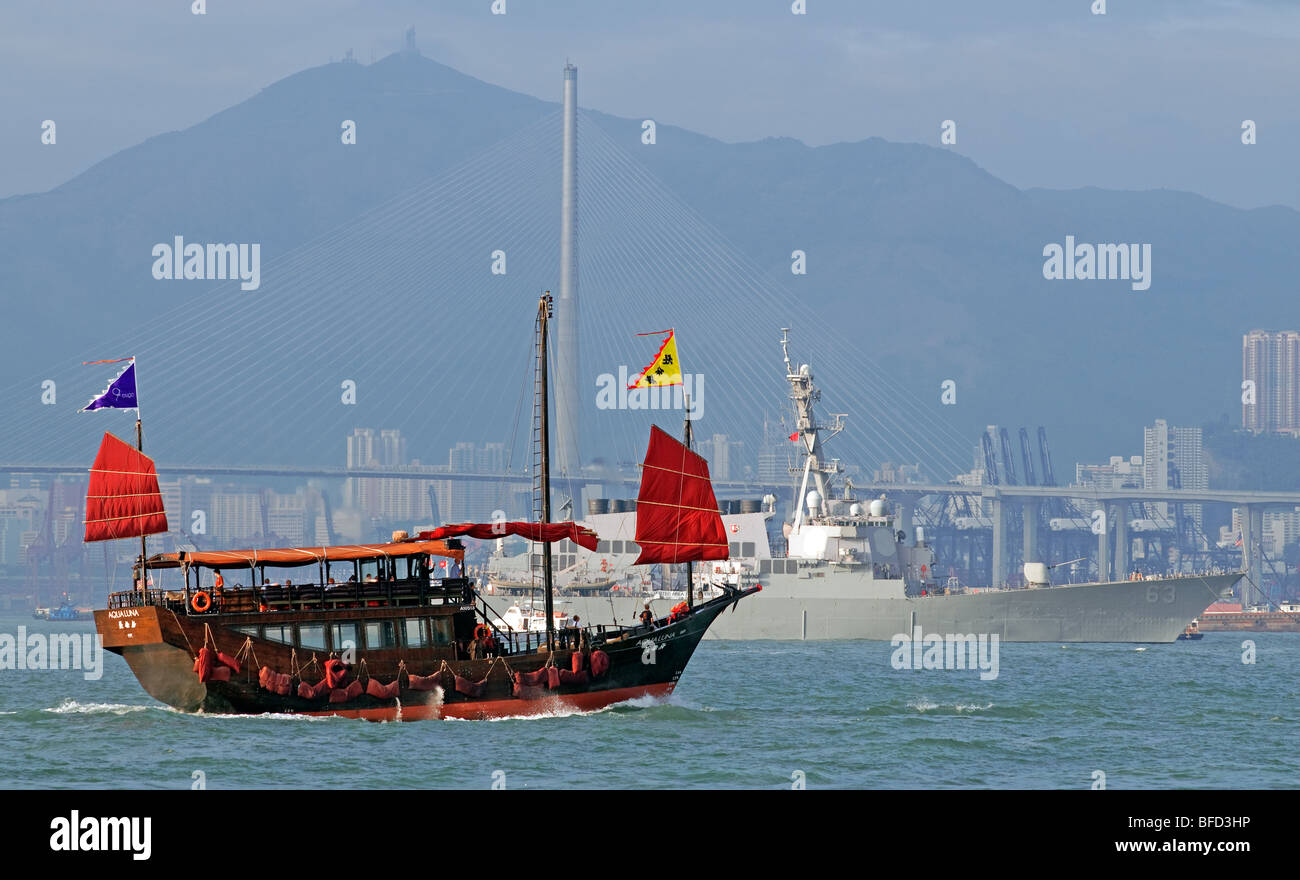 Traditional Chinese tourist junk, Victoria harbor, Hong Kong, China. Stock Photo