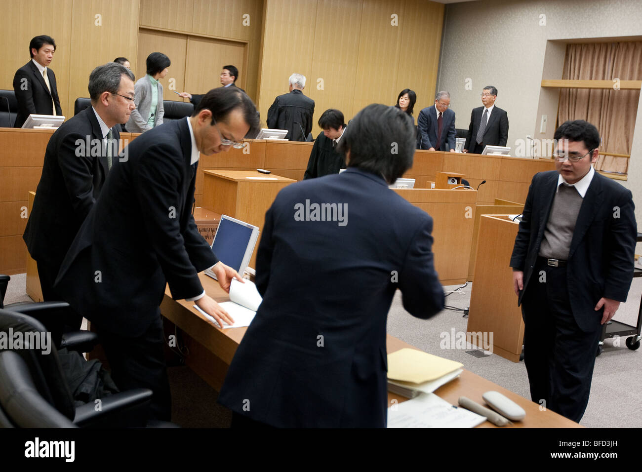 a 'mock' jury/court case being acted out in a Japanese law court. Stock Photo