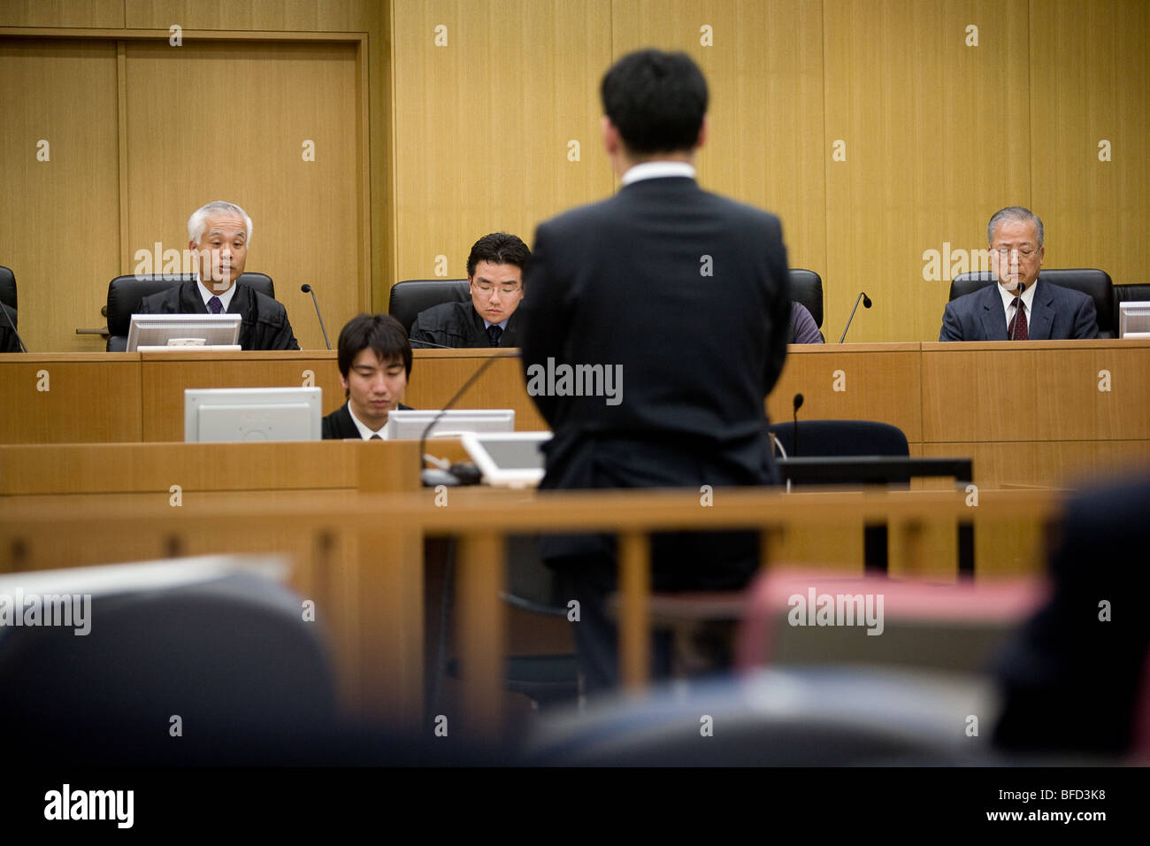 a 'mock' jury/court case being acted out in a Japanese law court. Stock Photo