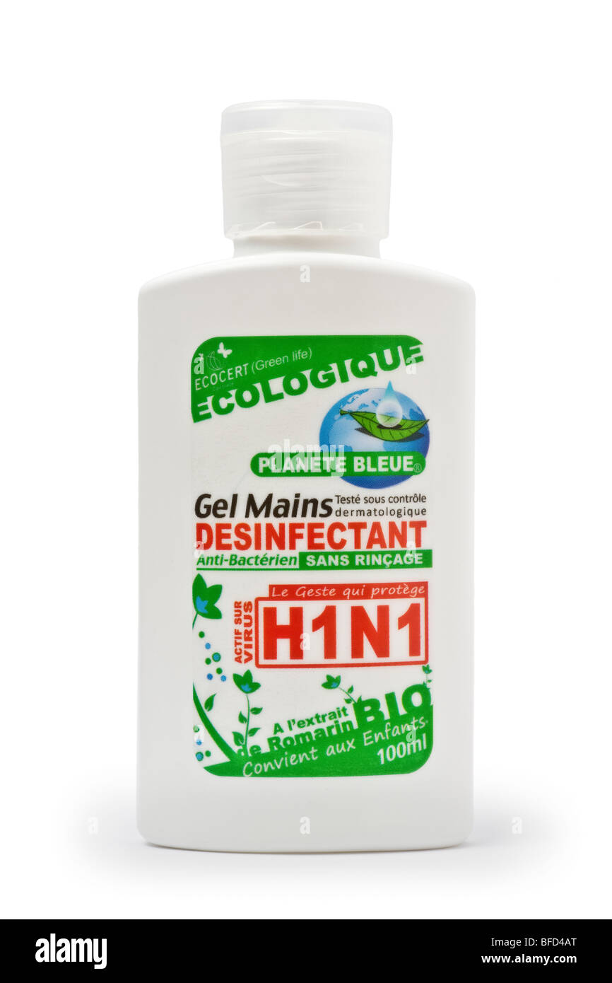A disinfectant gel bottle for hands, active against A Flu disease. Flacon de gel désinfectant actif contre le virus H1N1. Stock Photo