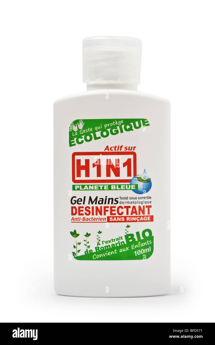 A disinfectant gel bottle for hands, active against A Flu disease. Flacon de gel désinfectant actif contre le virus H1N1. Stock Photo