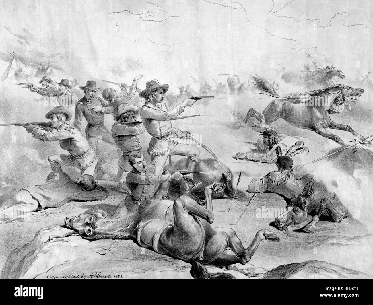 Print depicting Custer's Last Stand with the US 7th Cavalry at the Battle of the Little Bighorn in 1876. Stock Photo