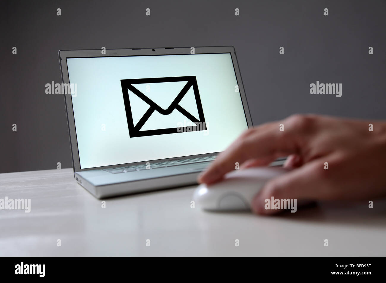 Letter sign on computer screen. Symbol: email, communication via Internet Stock Photo