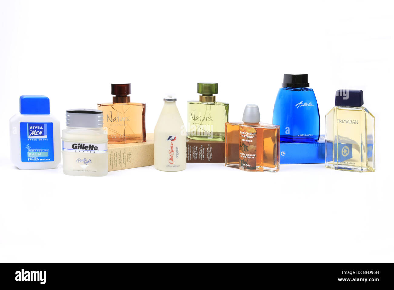 Selection of men's Aftershave products available to purchase anywhere against a white background Stock Photo