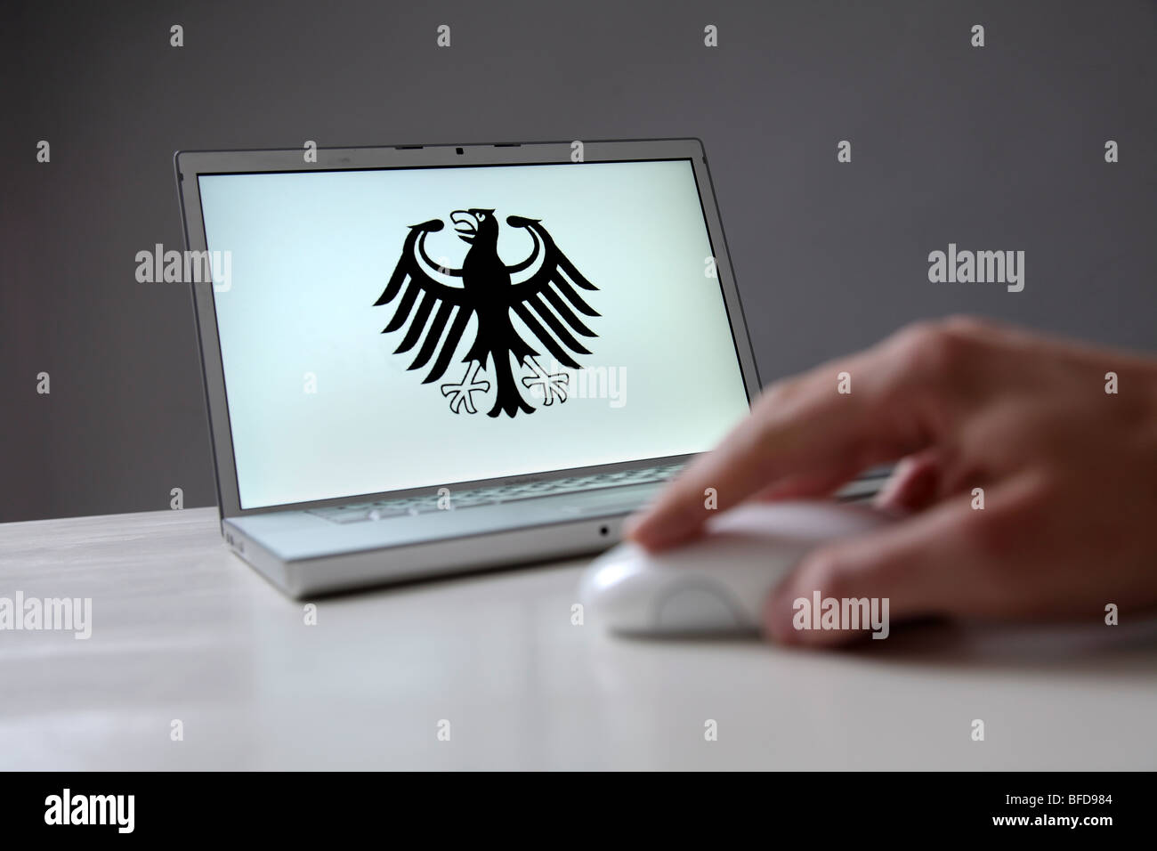 Federal eagle on computer screen. Symbol: prevention of online crime by the state Stock Photo
