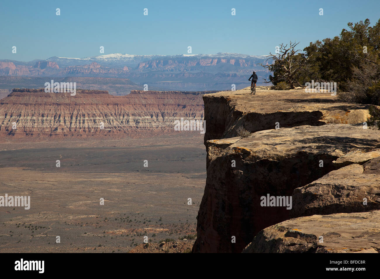 A woman mountain biking near the edge of a cliff near Hurricane, Utah. Stock Photo
