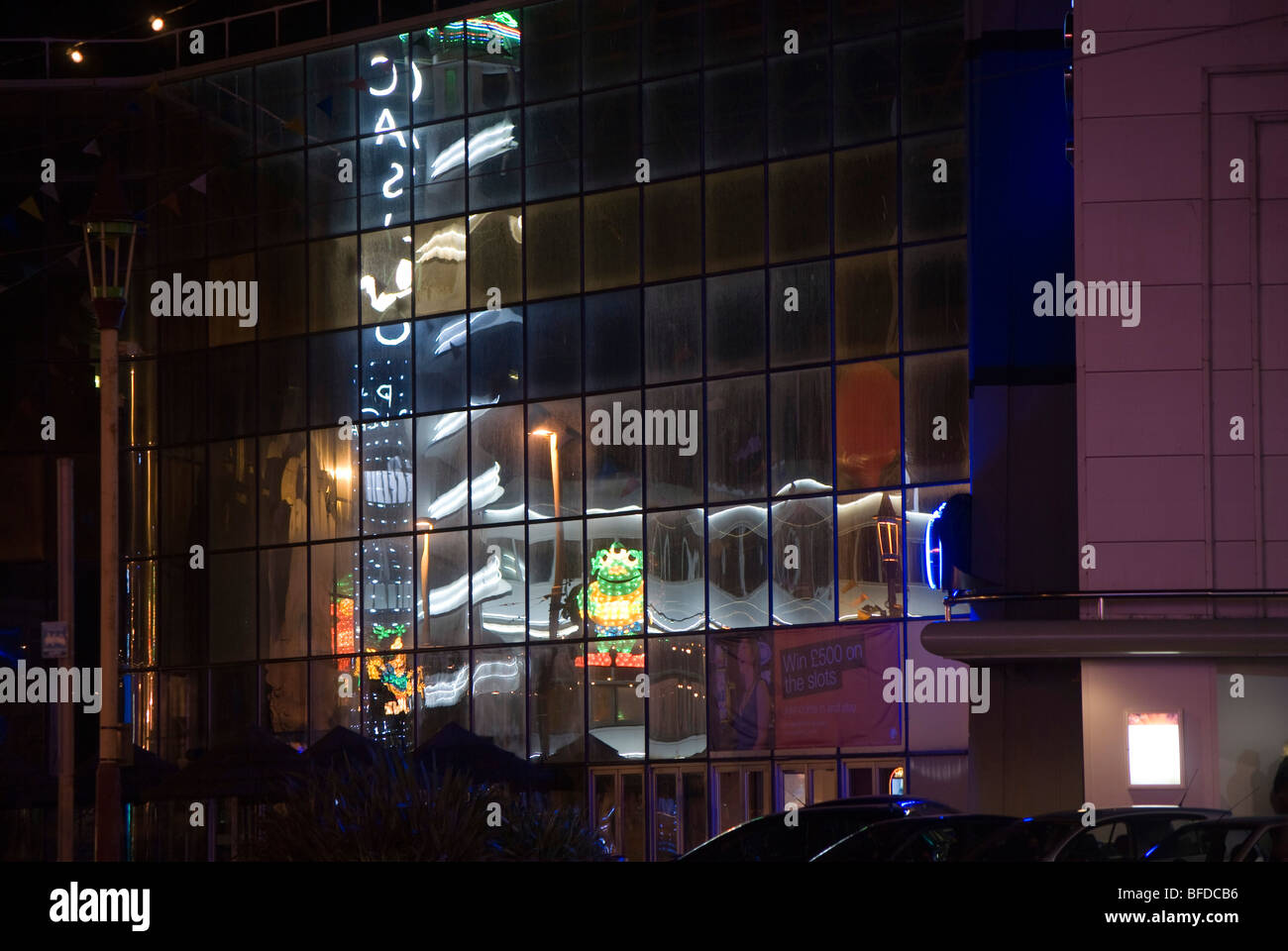 Blackpool illuminations reflected in the casino. Stock Photo