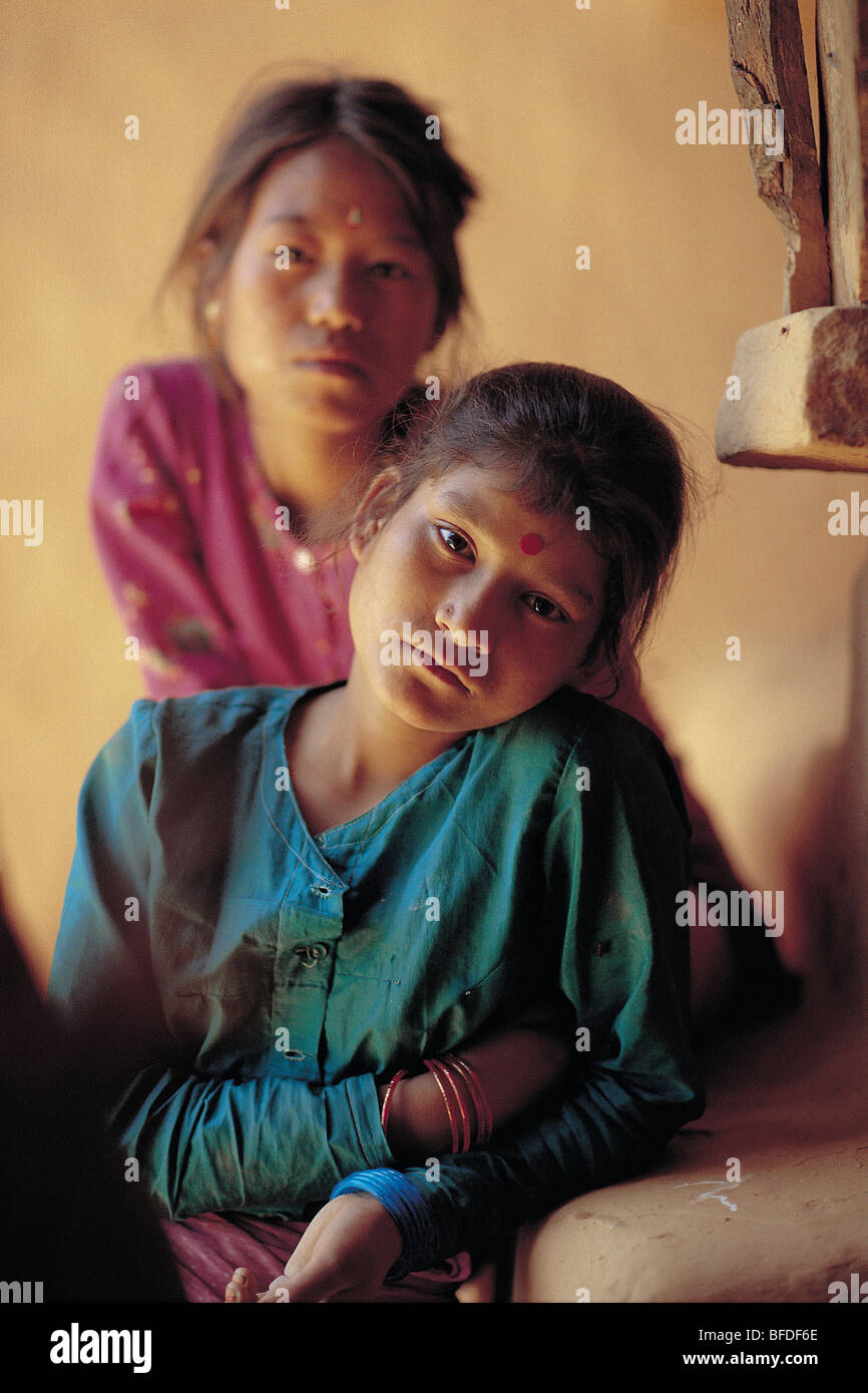 Tamang girls in Sindupalchowk, Nepal, who are victims of sex trafficking. Stock Photo