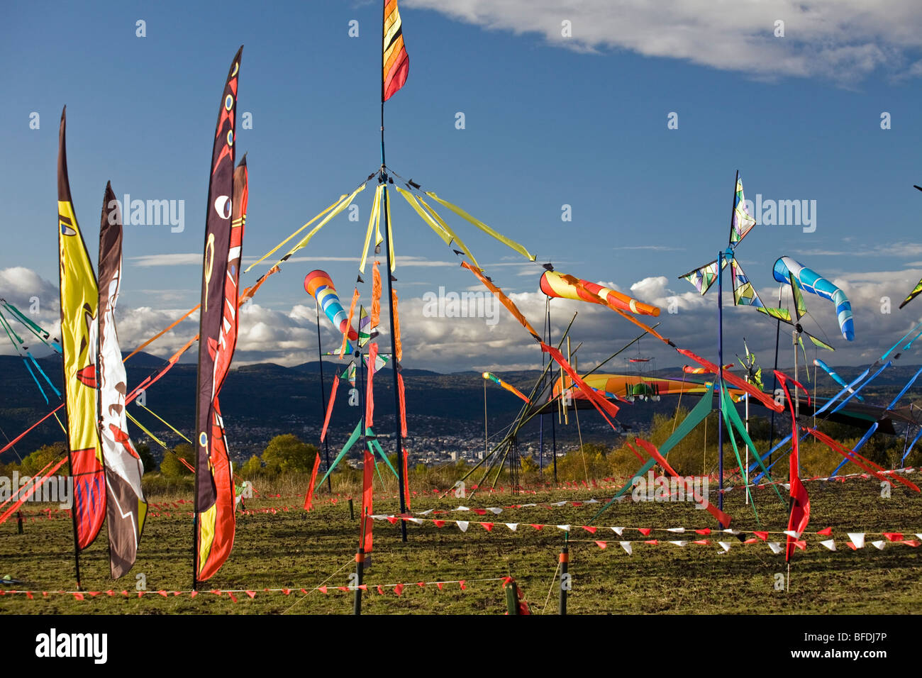 Michel Trouillet's decorative and playful wind objects. Objets éoliens décoratifs et ludiques conçus par Michel Trouillet. Stock Photo