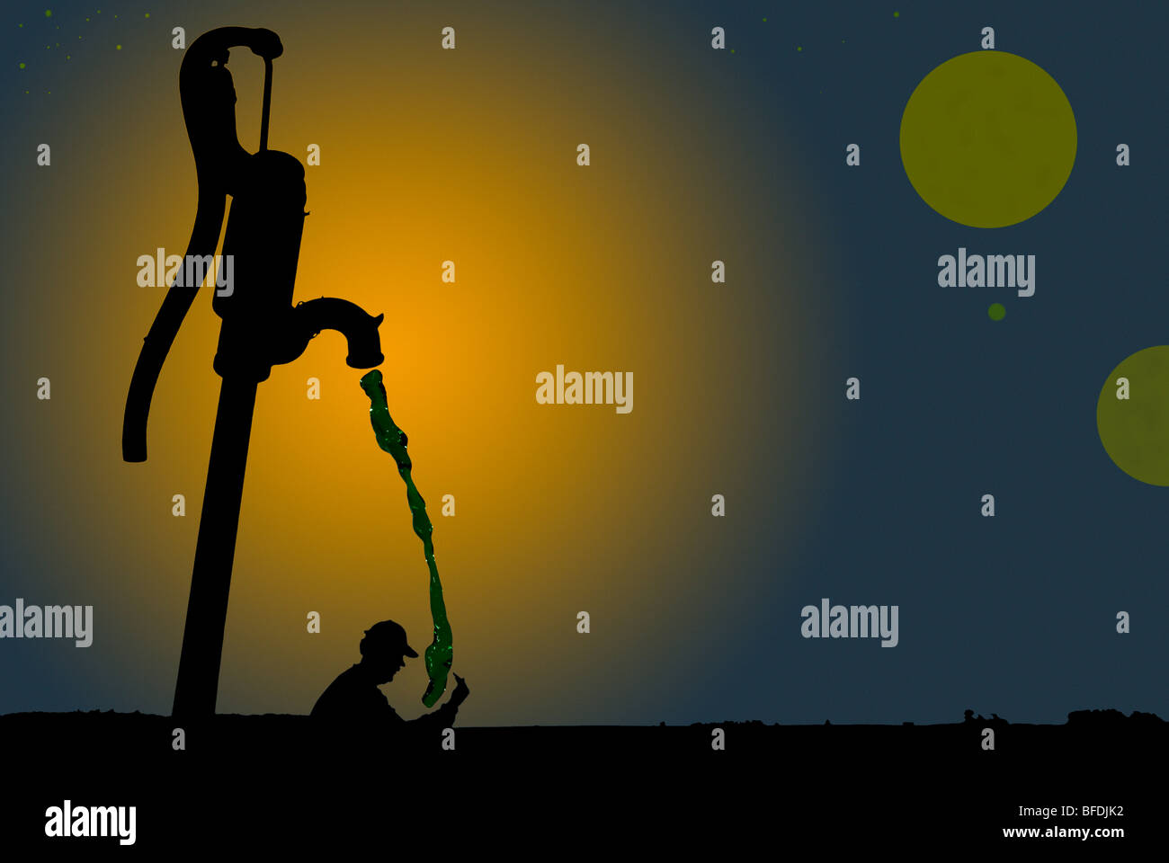 This is an image of a pump sitting in the middle of a corn field and myself silhouetted and adding a cut out and PS techniques Stock Photo