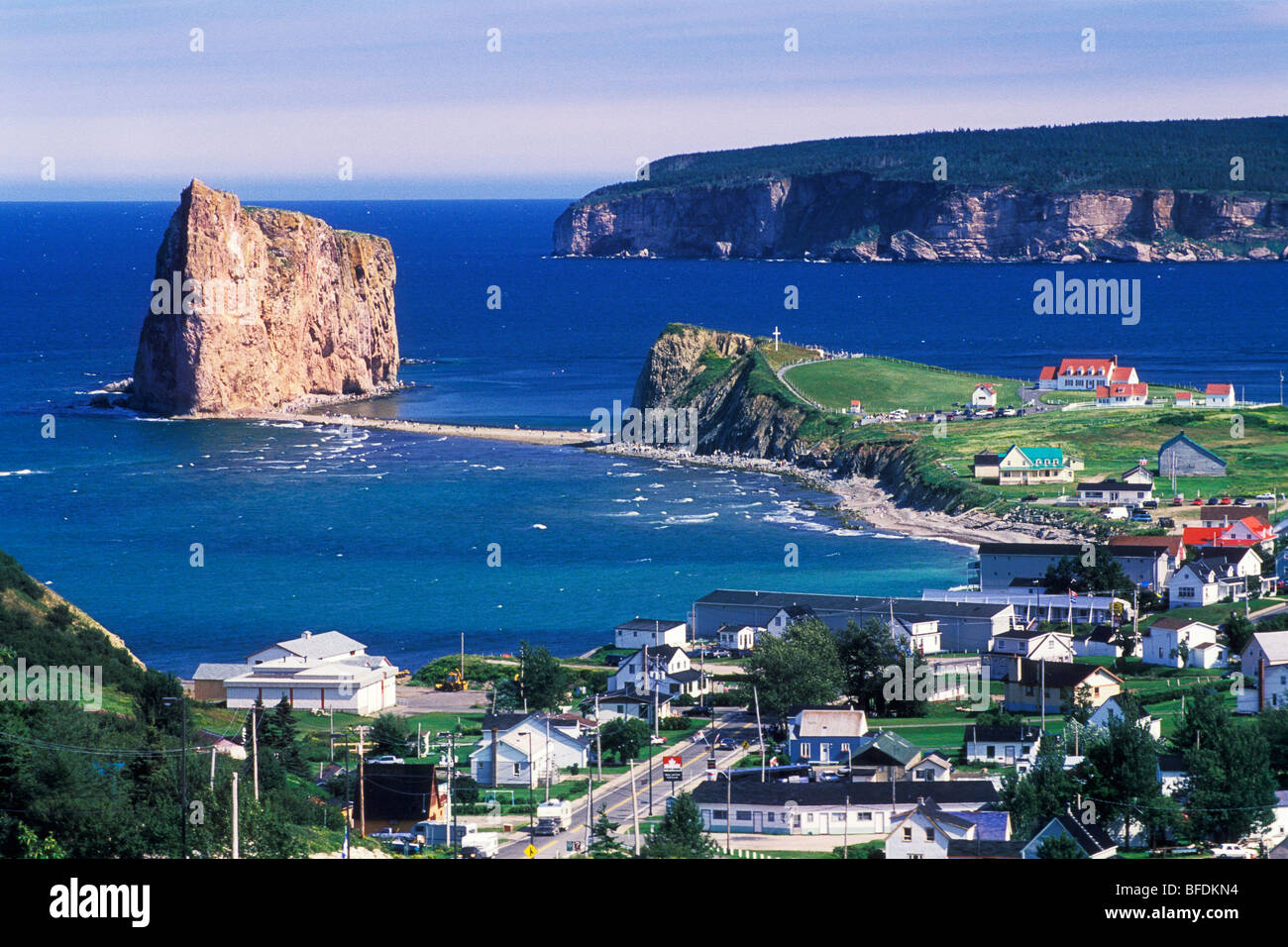 Coastal village with Perce Rock, Perce, Gaspe, Quebec ...