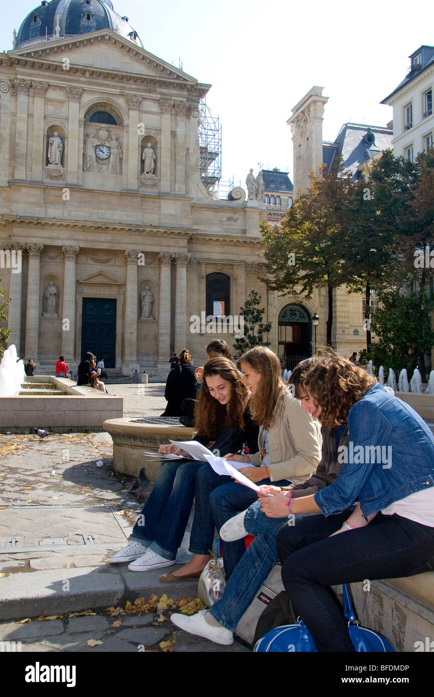 Students study near the Sorbonne in Paris, France. Stock Photo