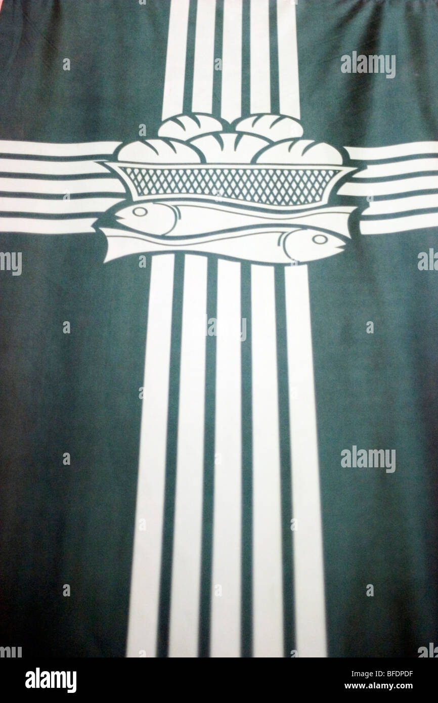 Iglesia de San Mateo church displays a large flag with traditional