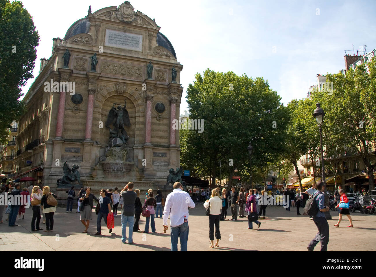 The Fontaine Saint-Michel located in the Place Saint-Michel, Paris, France. Stock Photo