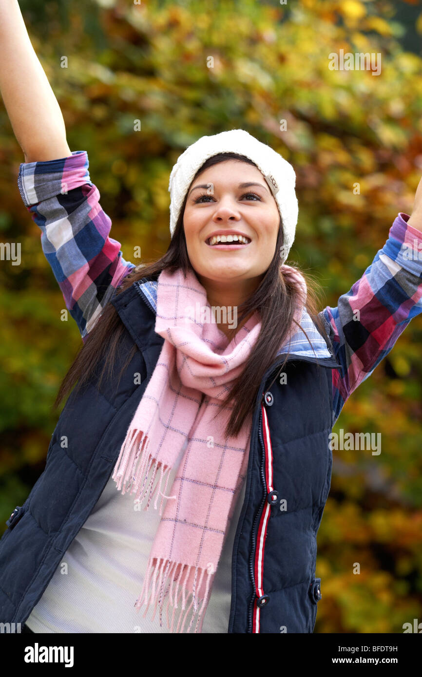 Happy girl wearing hat and scarf Stock Photo