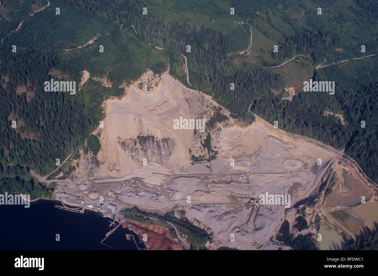 Aerial of construction aggregates gravel quarry, Sechelt, Sunshine Coast, British Columbia, Canada Stock Photo