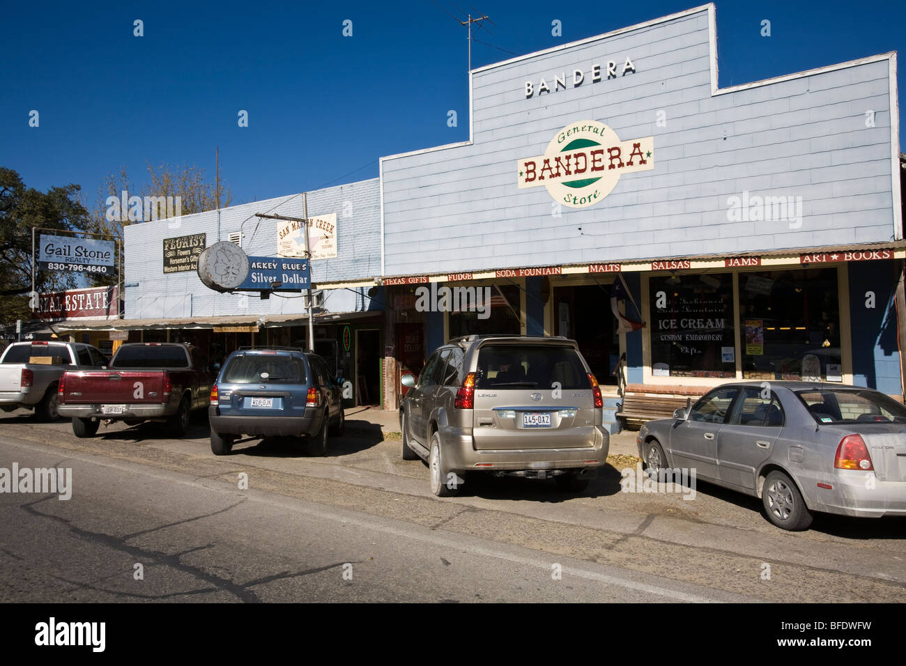 The tiny Hill Country town of Bandera Texas still retains its frontier appearance and heritage Stock Photo