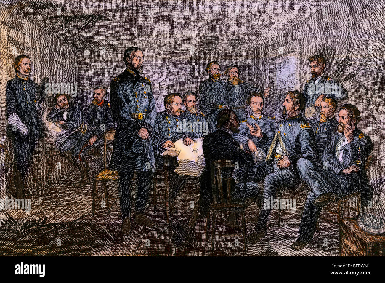 Union generals discuss strategy before the Battle of Gettysburg, July 1863. Hand-colored woodcut Stock Photo