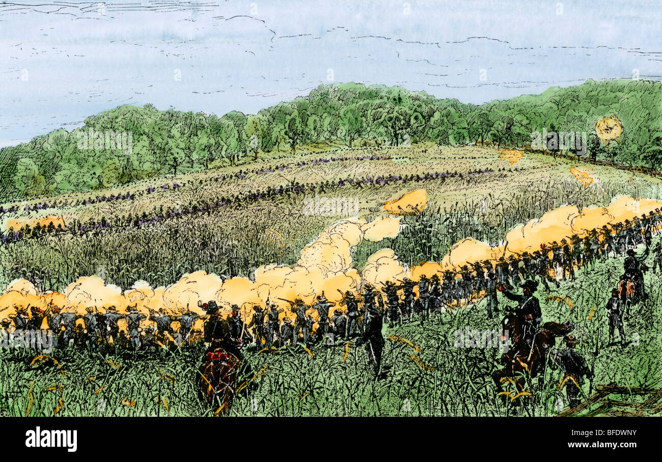 Starkweather's brigade holding the Union left at the Battle of Perryville, Kentucky, 1862. Hand-colored woodcut Stock Photo