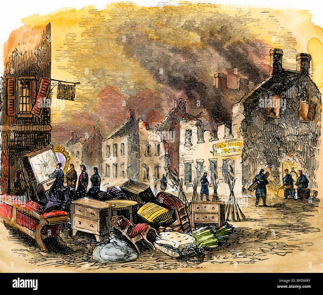 Fredericksburg, Virginia, after the Civil War siege and battle 1862. Hand-colored woodcut Stock Photo