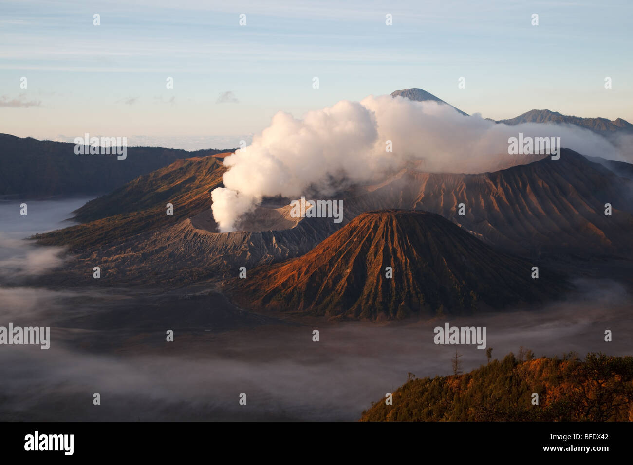 Mount Bromo and other volcanoes seen from Mount Penanjakan, Java island, Indonesia Stock Photo