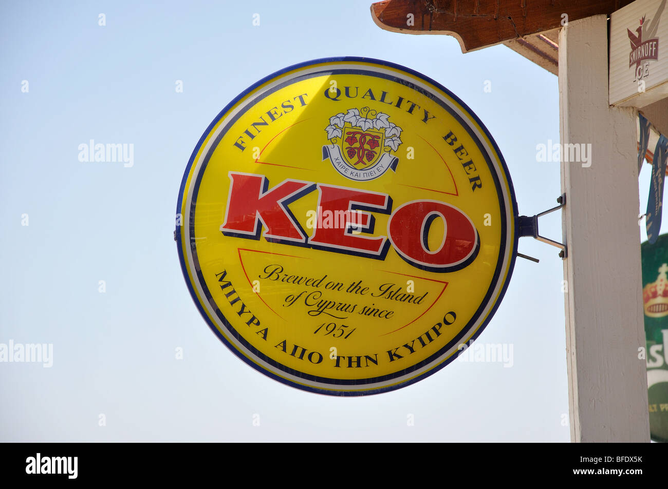Keo Beer sign, Nissi Beach, Ayia Napa, Famagusta District, Cyprus Stock Photo