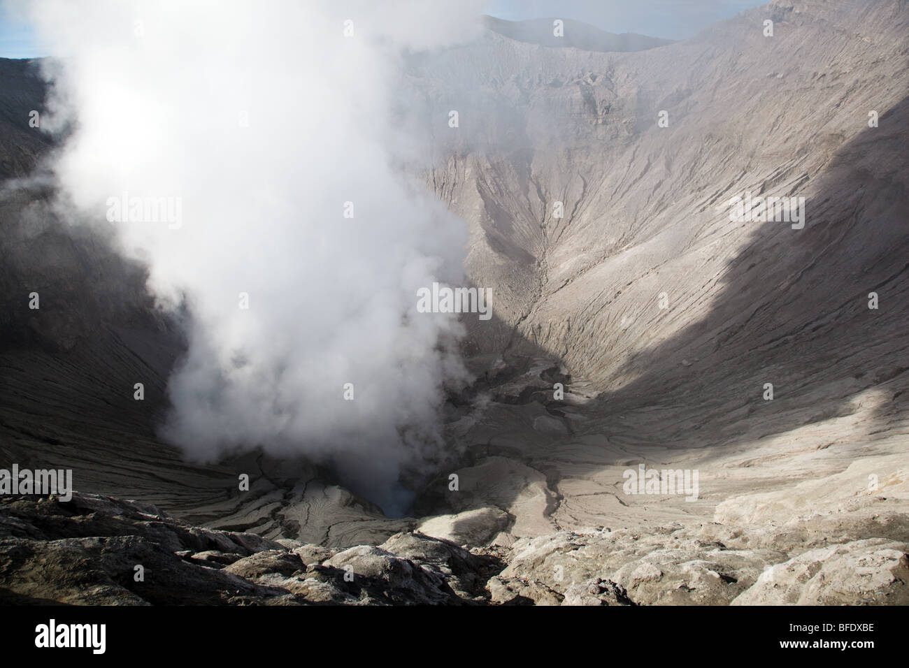 Crater with smoke of Mount Bromo volcano in Java, Indonesia before its eruption. Photo taken in September  2009. Stock Photo