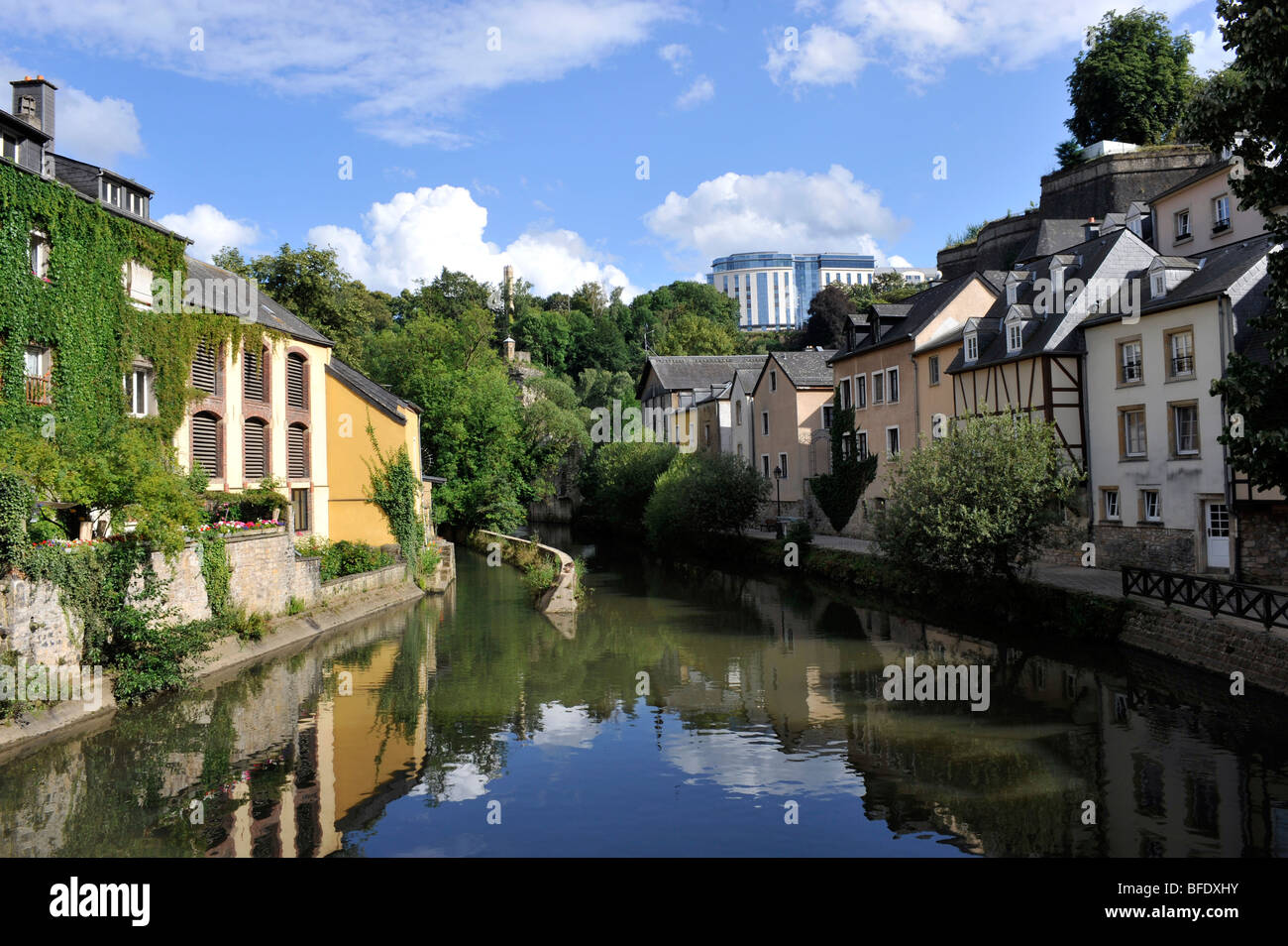 River Aizette flows through the Old Town, City of Luxembourg, Europe. Stock Photo