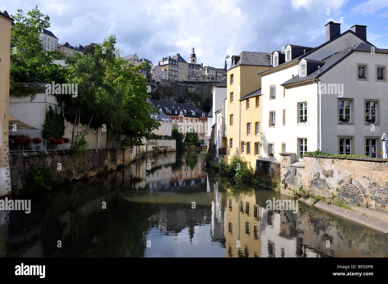 River Aizette flows through the Old Town, City of Luxembourg, Europe. Stock Photo