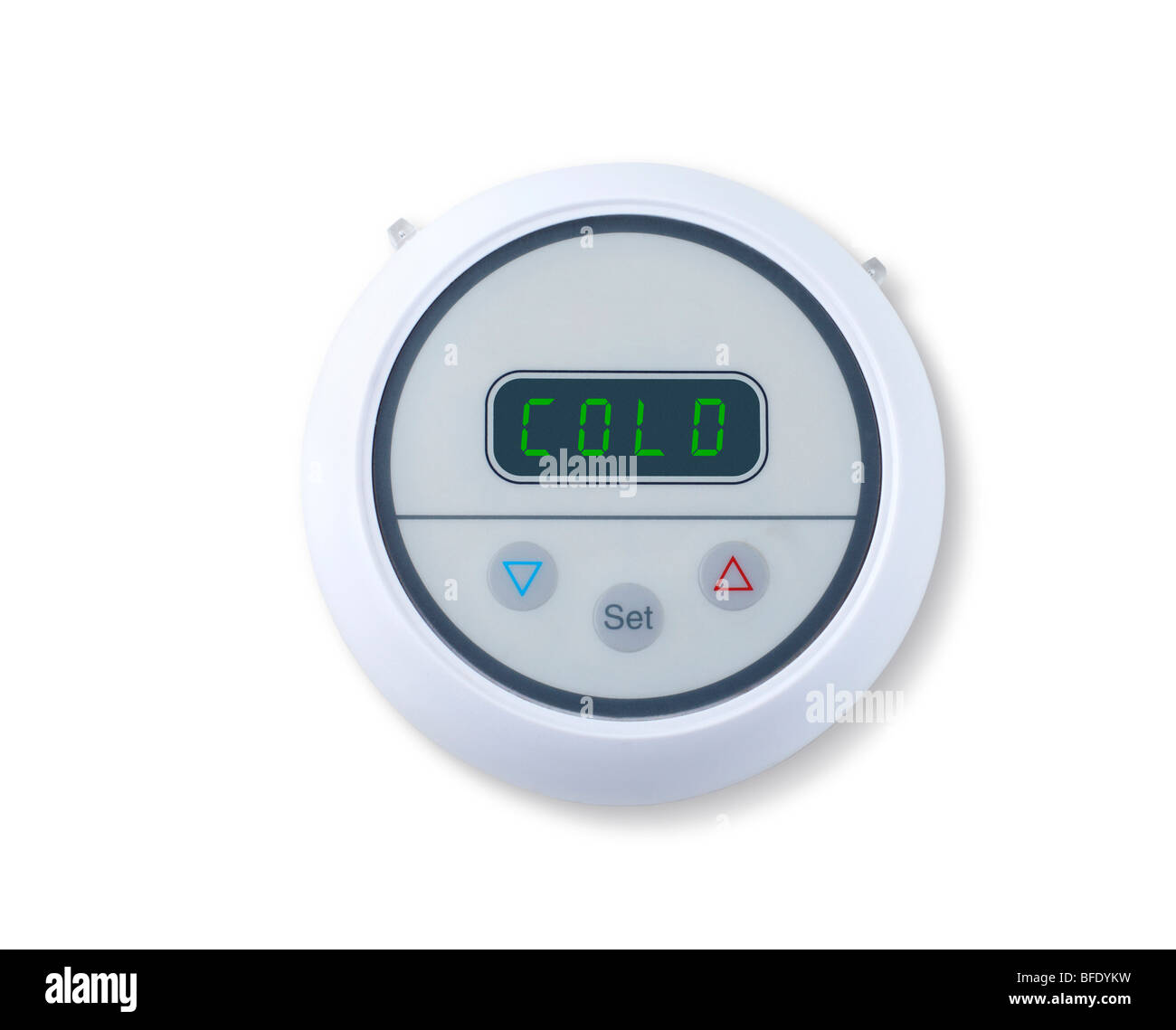 Digital wall thermostat indicating cold Stock Photo