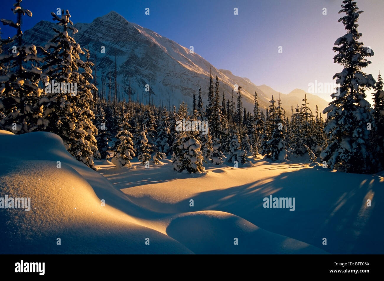 Sunset over winter landscape, at Boom Lake, Banff National Park, Alberta, Canada Stock Photo