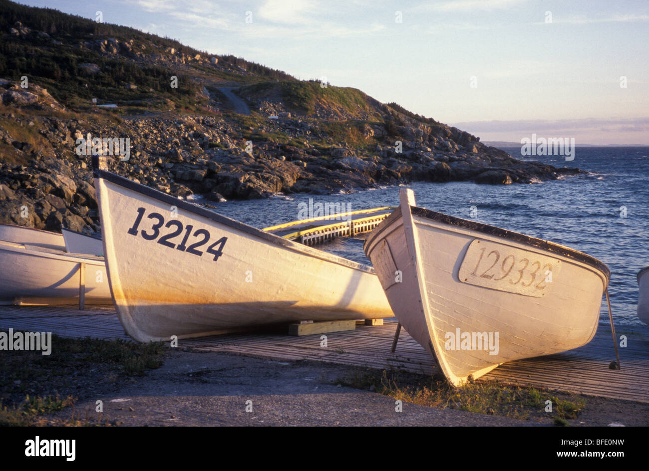 Fishing Dories in a Cove, Avalon Peninsula, Newfoundland, Canada Stock Photo