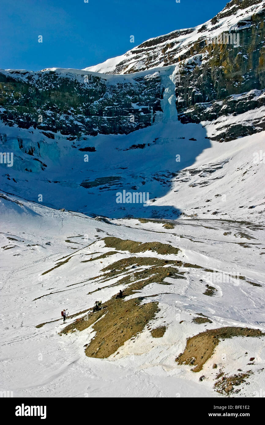 Skiers eat lunch in the shadow of Bow Lake Falls near Num Ti Jah Lodge