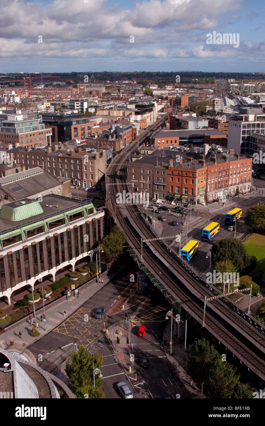 Aerial View of Dublin City Centre from top of Liberty Hall.The DART