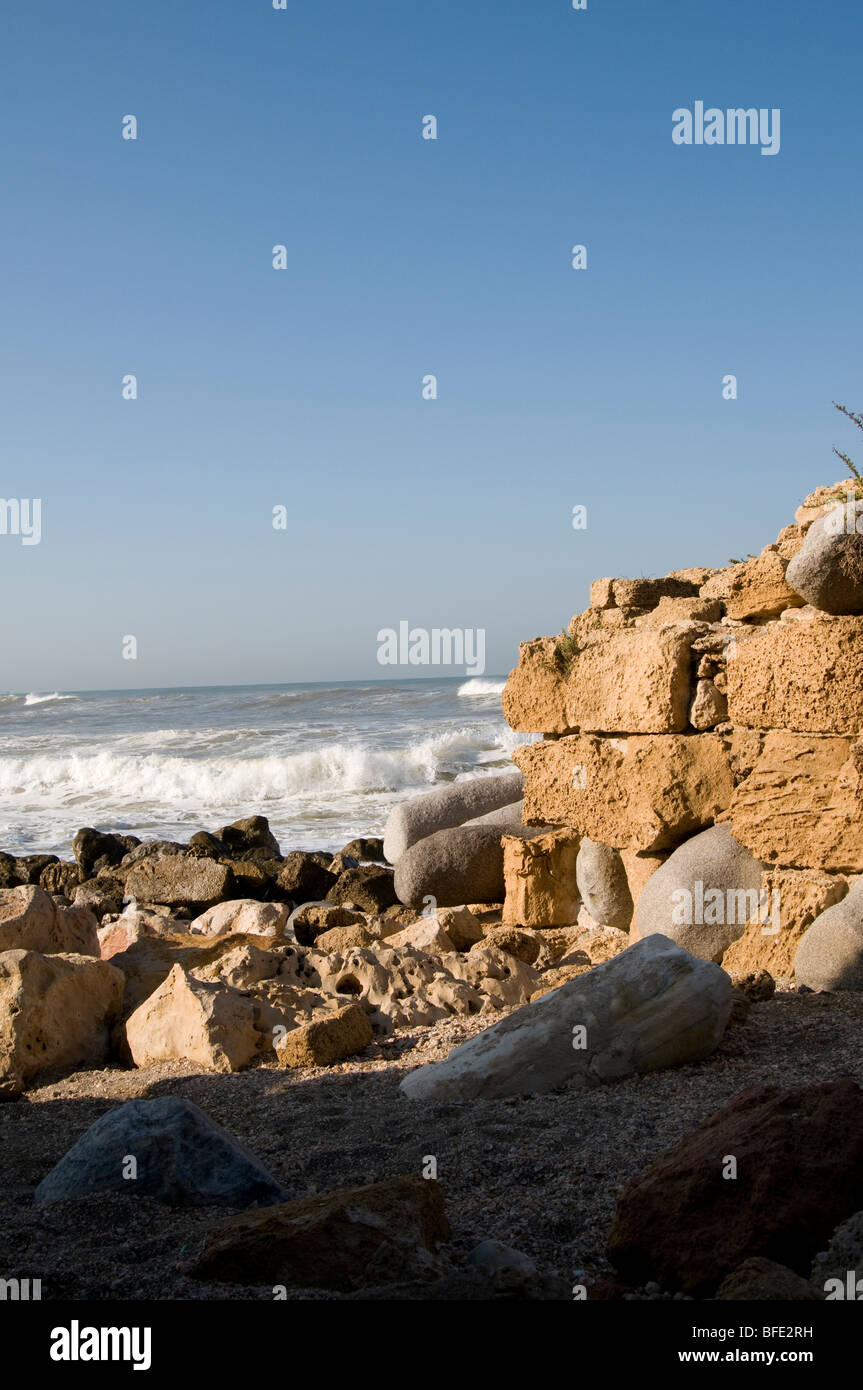 Crusader walls Ceasarea Israeusing Roman columns and stone blocks l Stock Photo