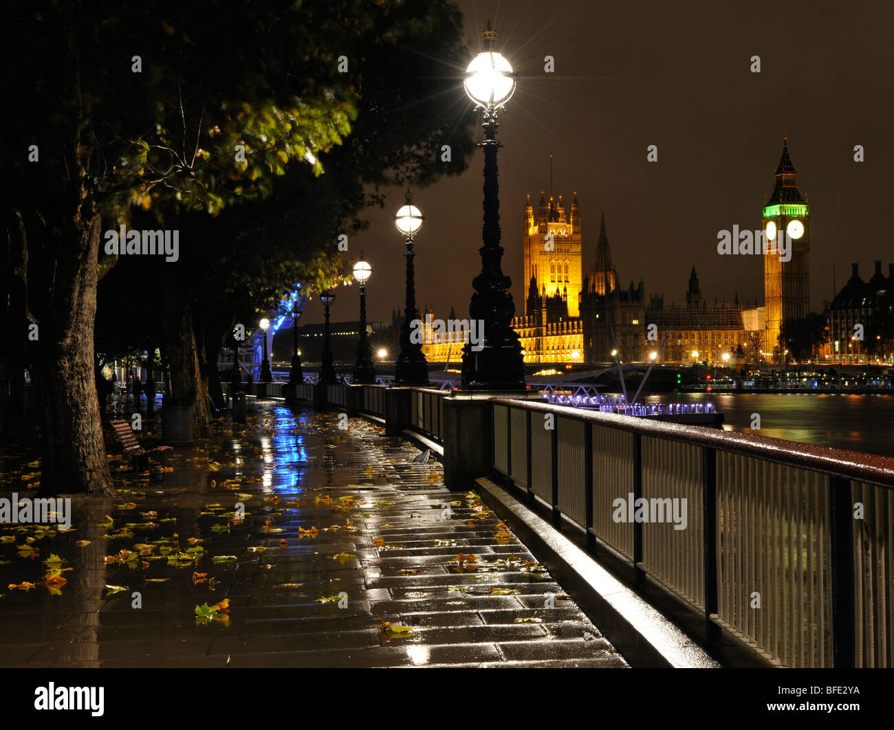 Riverside Walk, London, England, UK; night photograph of Riverside Walk looking towards Westminster. Stock Photo