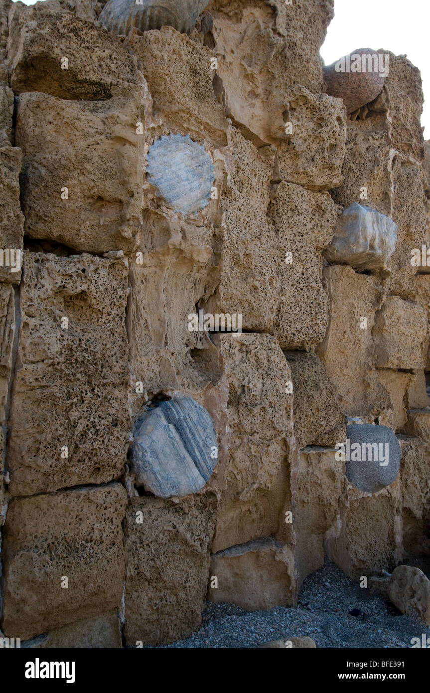 Crusader built walls using roman columns and blocks ,Ceasarea Israel Stock Photo