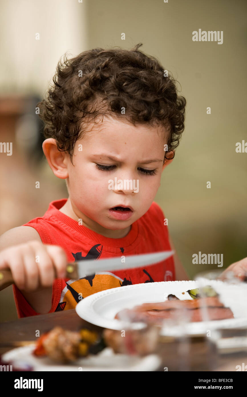 Boy at a family barbecue, Independence Day. Stock Photo