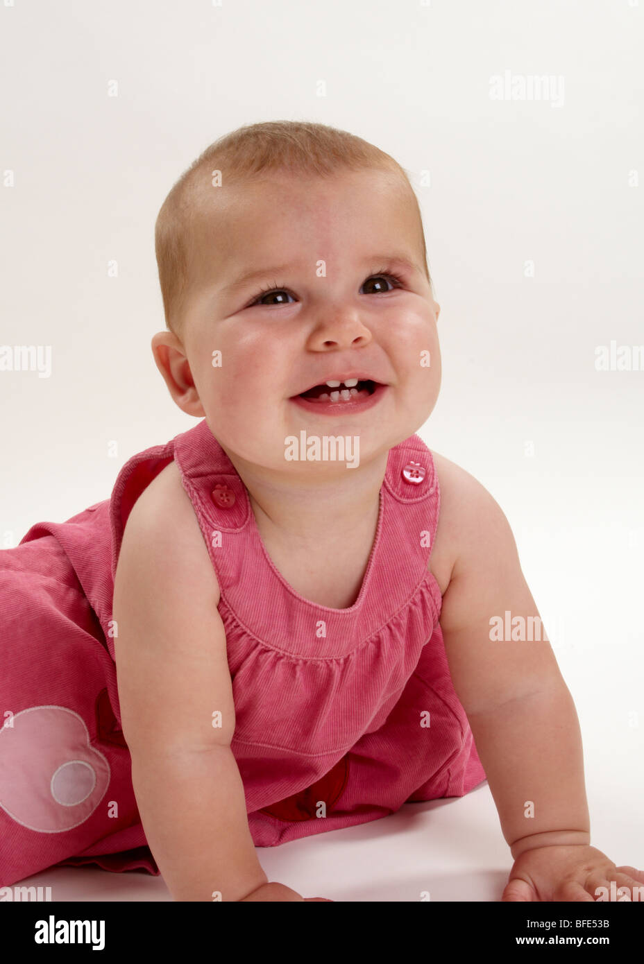 1 year old baby girl in pink dress on white background Stock Photo