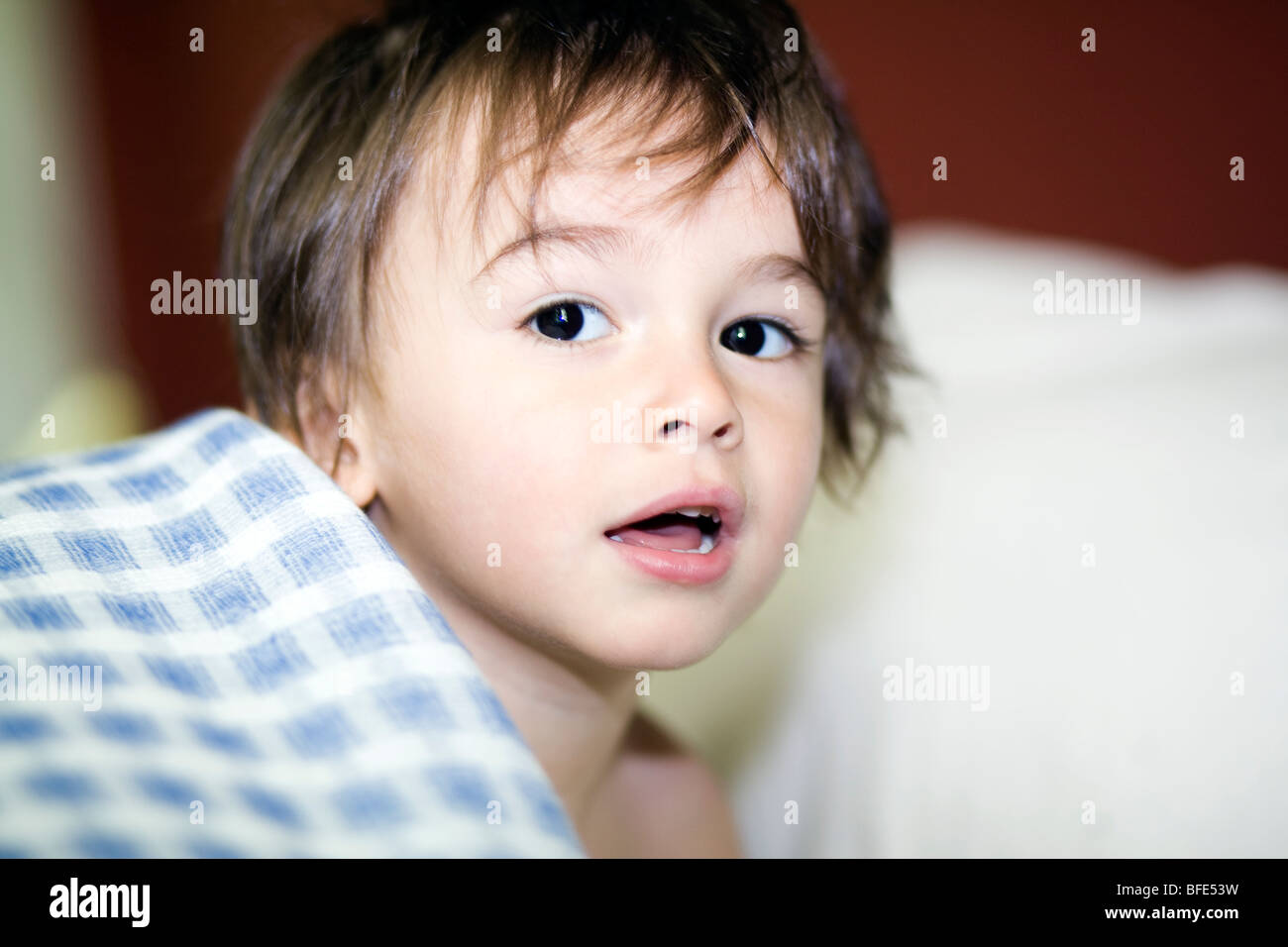 2 1/2 year old boy playing in bed sheets, Montreal, Quebec, Canada Stock Photo