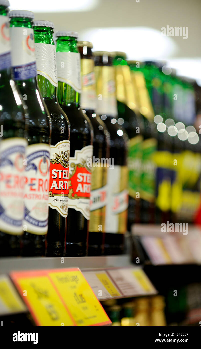 Alcohol stacked on shelves in a supermarket store, UK Stock Photo Alamy