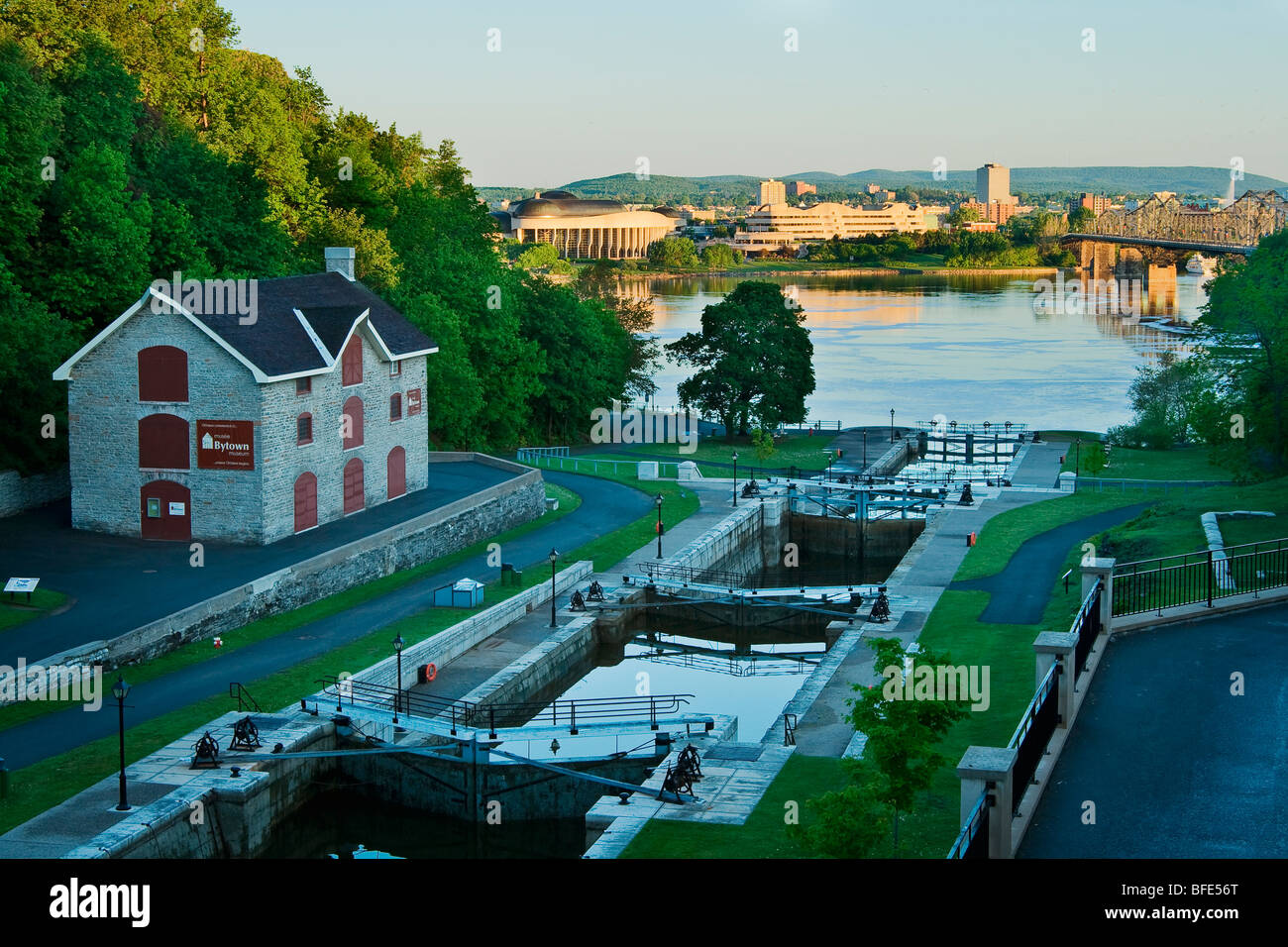 View of the Rideau Canal locks and the city of Hull from a terrace next to the Chateau Laurier, Ottawa, Ontario, Canada Stock Photo