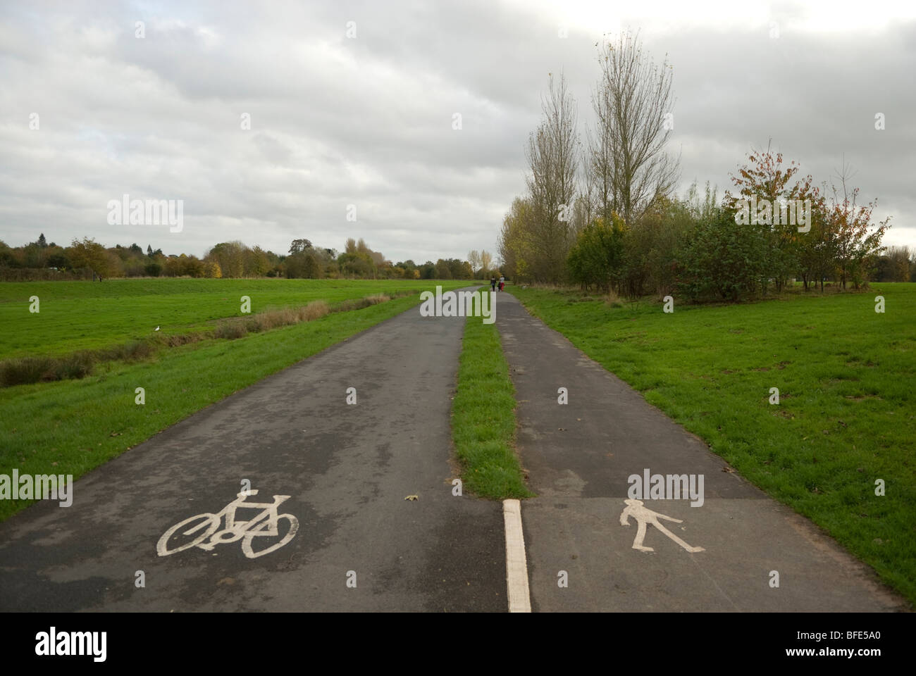 Bicycle and pedestrian lane disappearing into the distance, Exeter, Devon, England, UK Stock Photo
