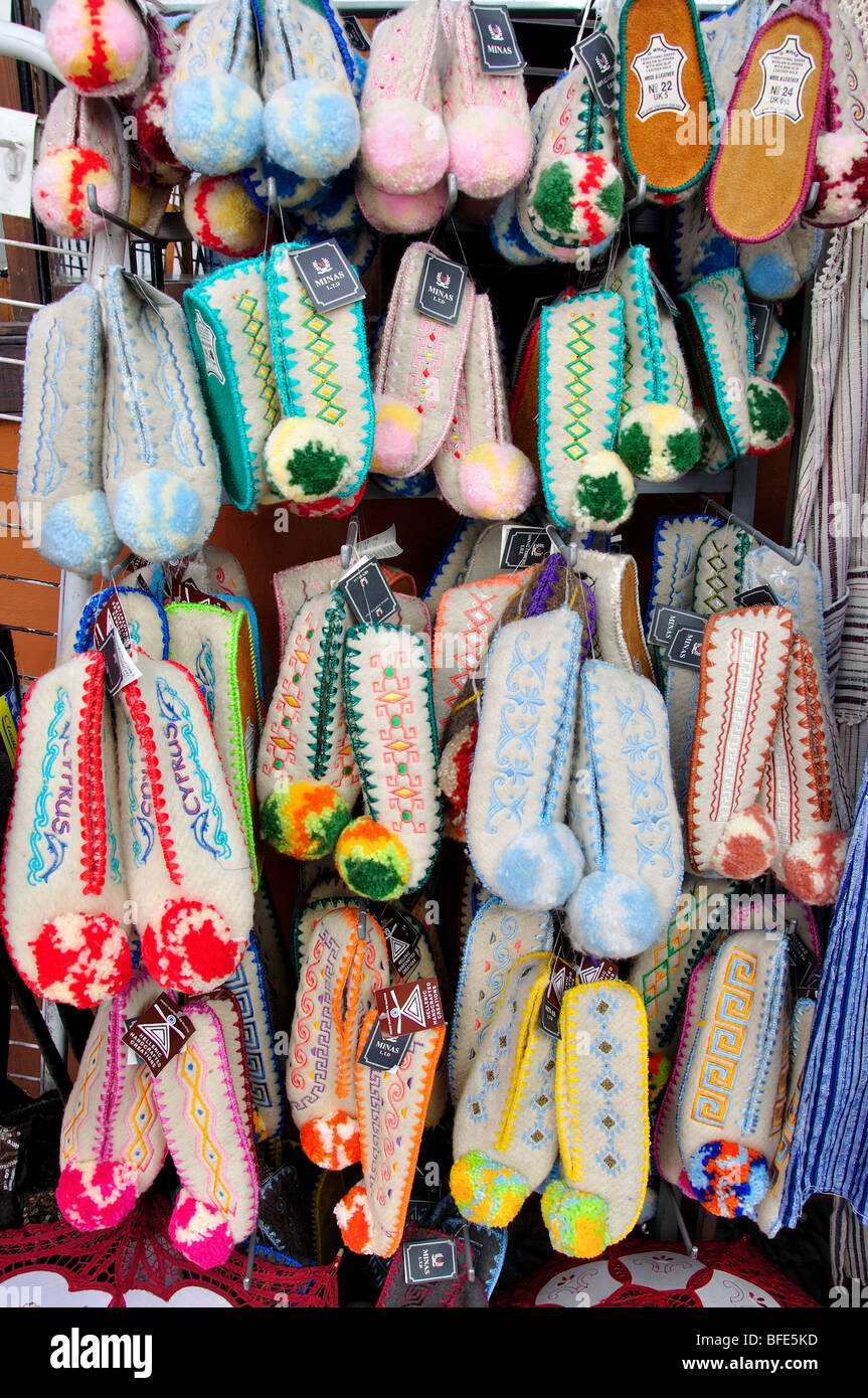 Traditional Greek souvenir slippers for sale in Laiki Geitonia District,  Old Town, Lefkosia, Nicosia District, Cyprus Stock Photo - Alamy