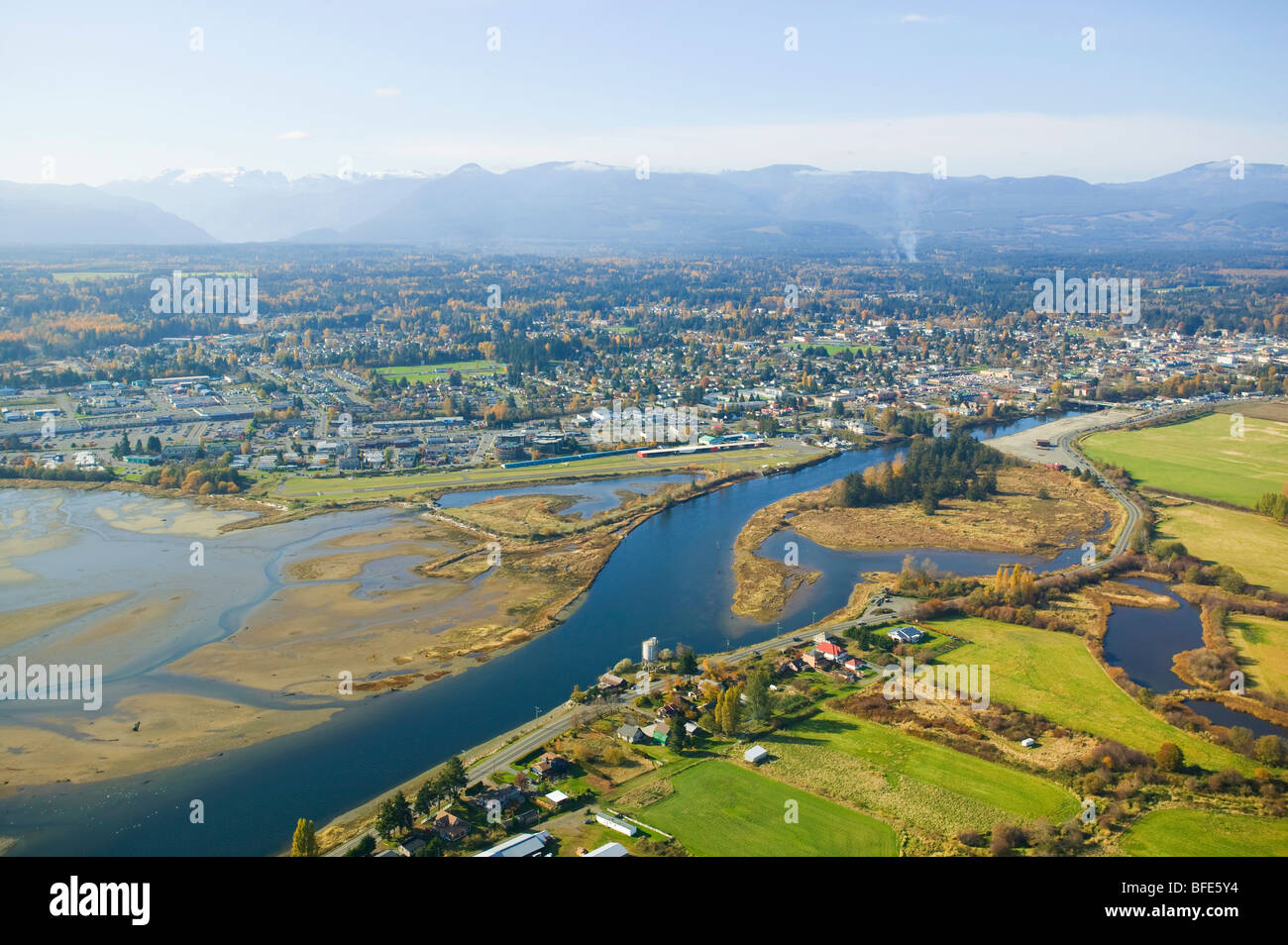 An aerial view of Comox Estuary Puntledge River and city of Courtenay
