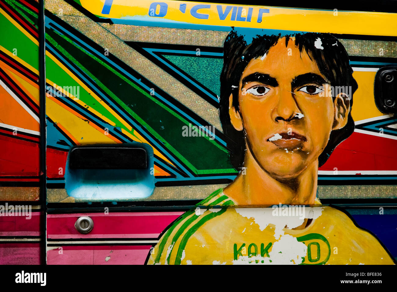 The Brazilian football player Kaka painted on the body of a tap-tap bus operating in Port-au-Prince, Haiti. Stock Photo
