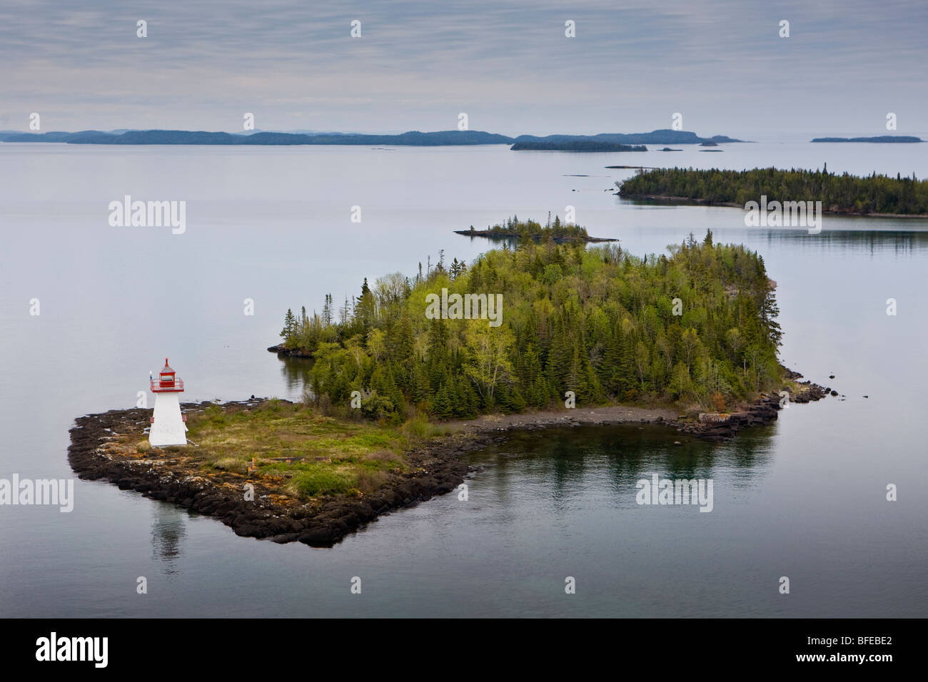 Aerial view of lighthouse, Shaganash Island, Lake Superior near Thunder Bay, Ontario, Canada Stock Photo