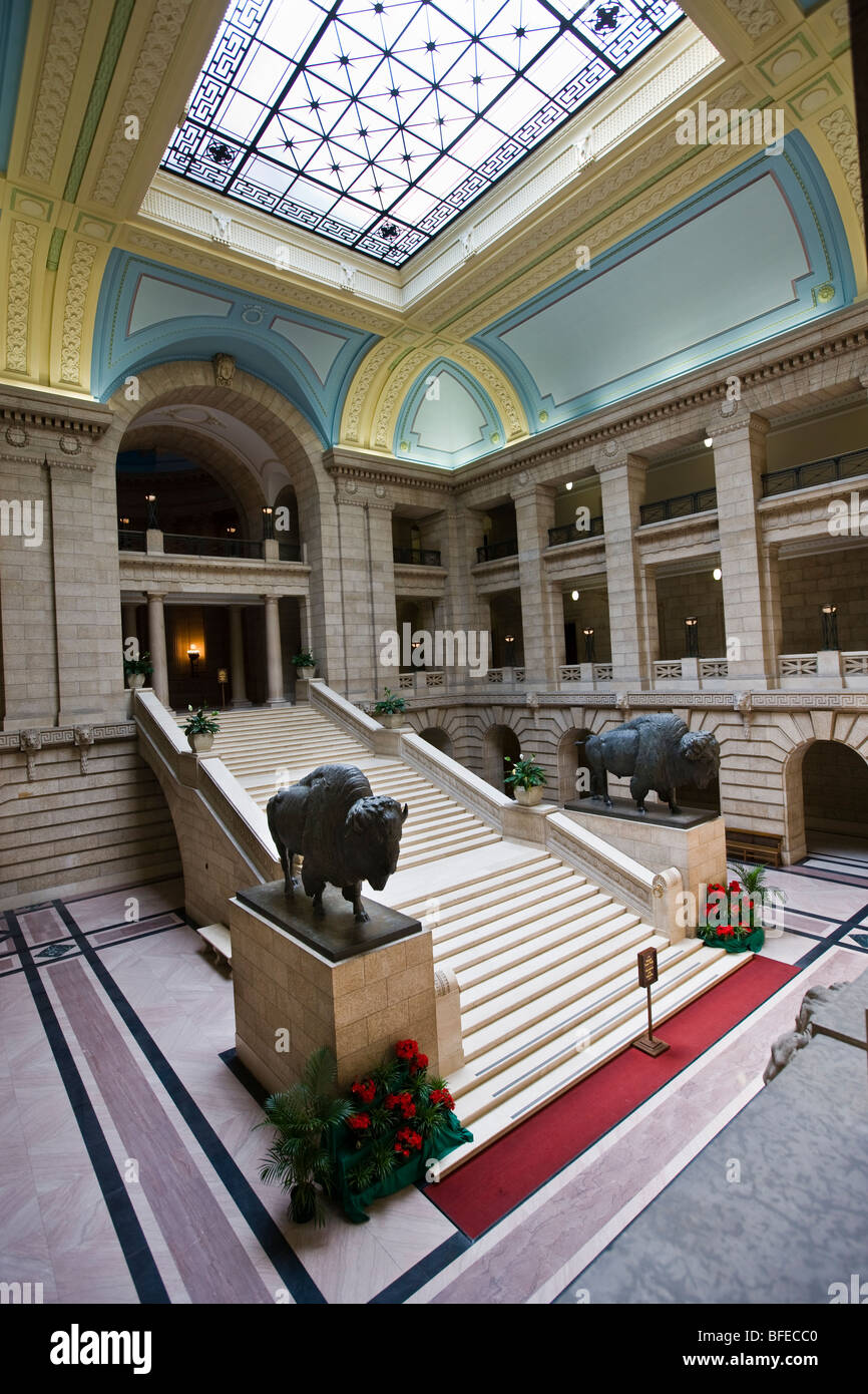 Grand Staircase of Legislative Building flanked on each side by life-sized bronze statues of two North American Bison Winnipeg M Stock Photo